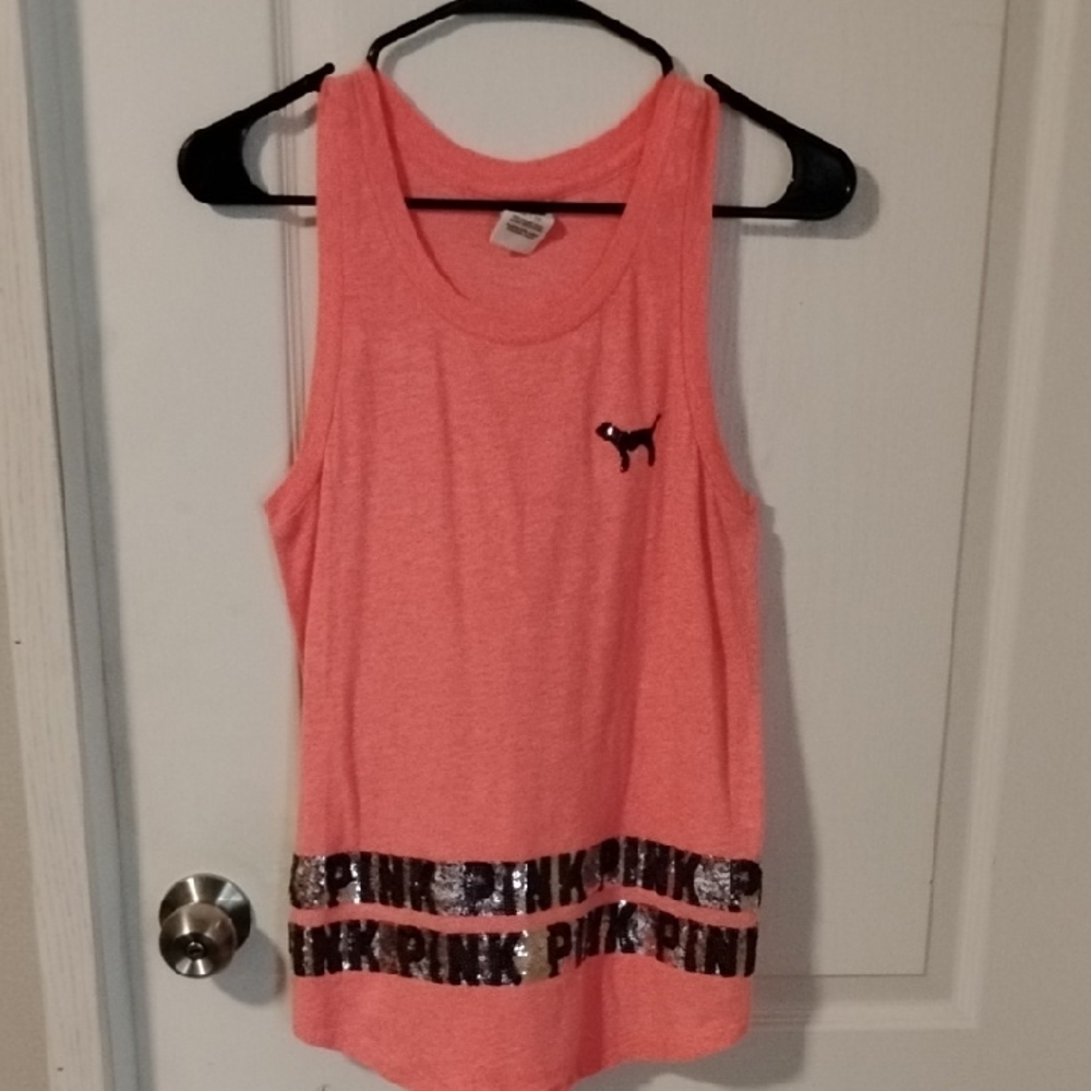 Vintage VS PINK Pink Bling Tank W Black & Silver Sequin Logo Size XS